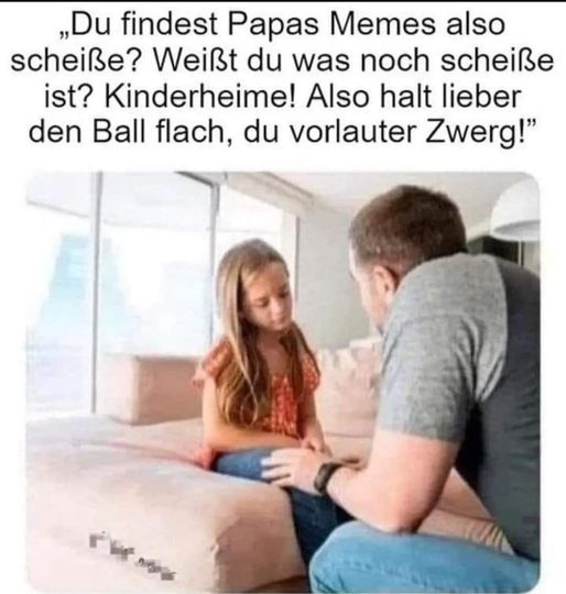 ,,Du findest Papas Memes also scheiße? Weißt du was noch scheiße ist? Kinderheime! Also halt lieber den Ball flach, du vorlauter Zwerg!"